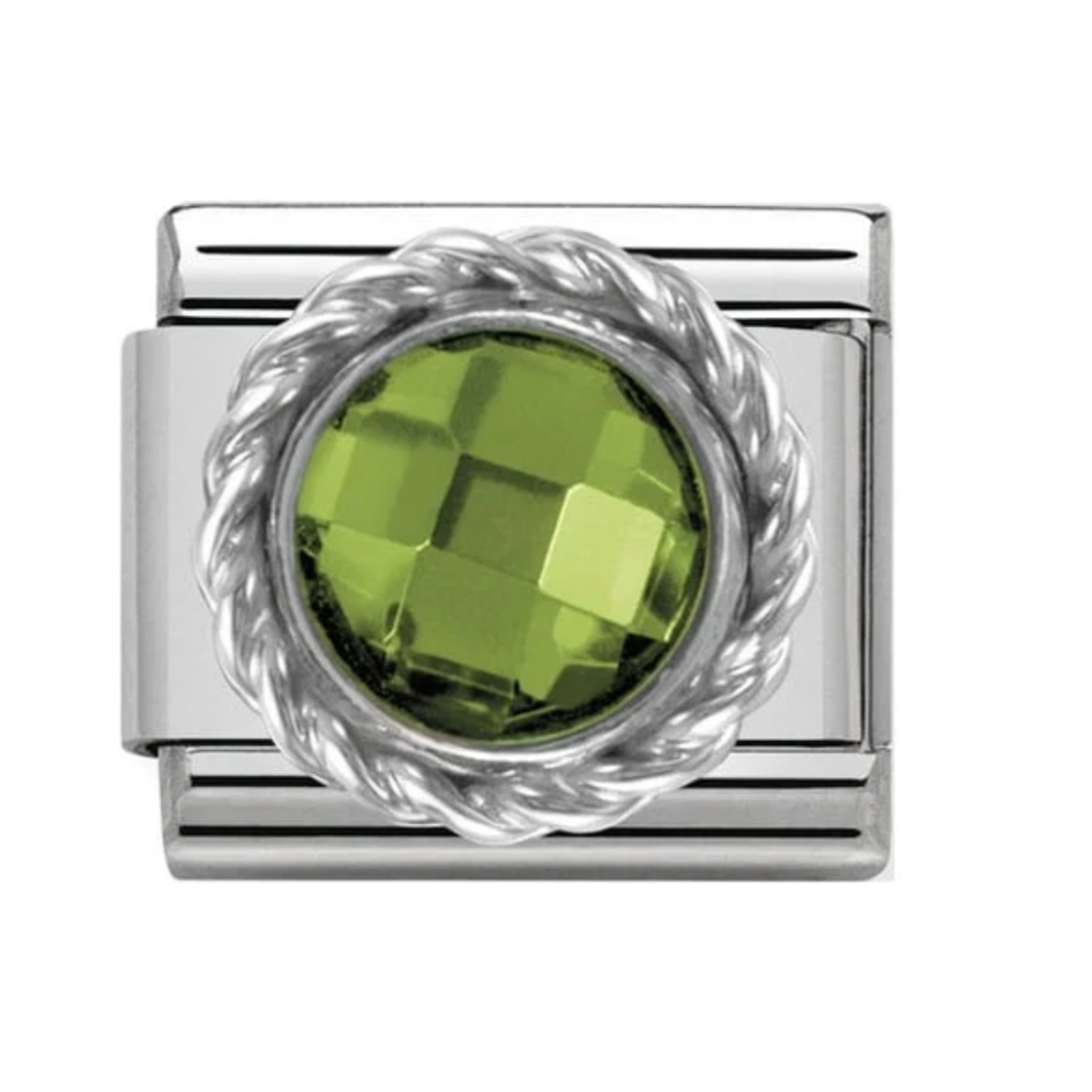 Nomimation silver round green stone