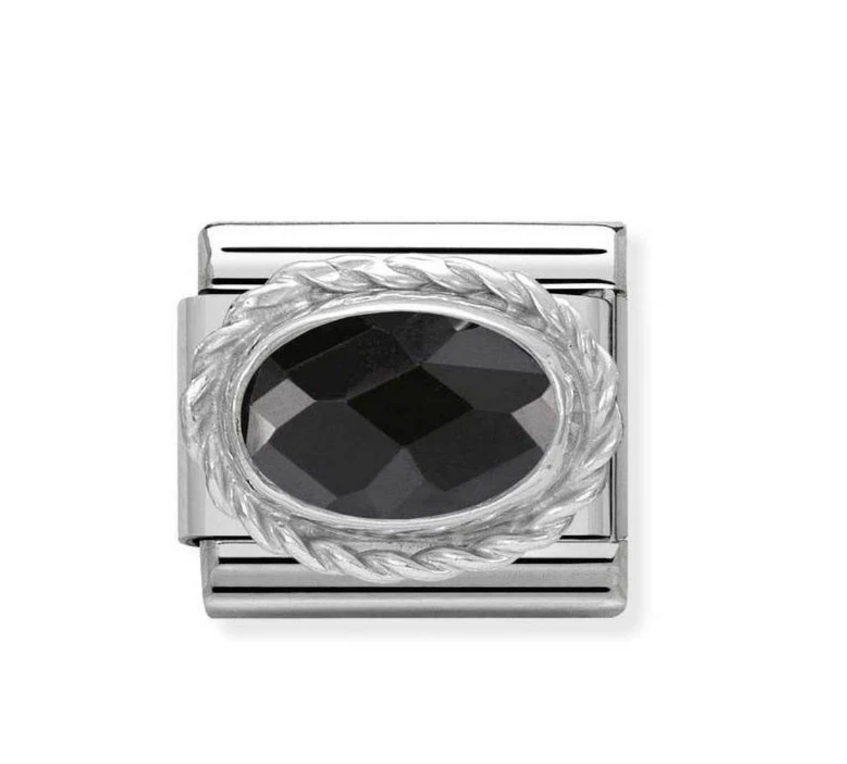 Nomimation silver oval black stone