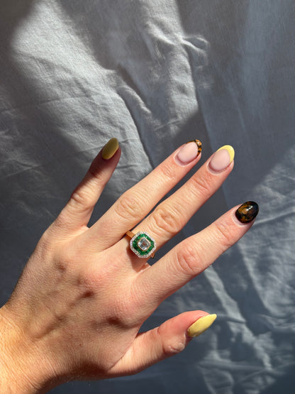9ct Yellow Gold Blue Topaz / Emerald & Diamond Halo Ring