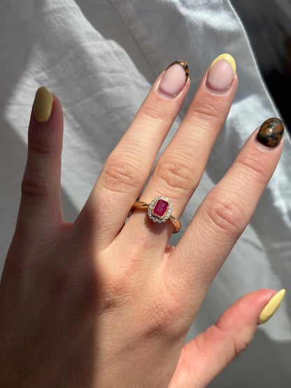 9ct Yellow Gold Ruby & Diamond Halo Ring