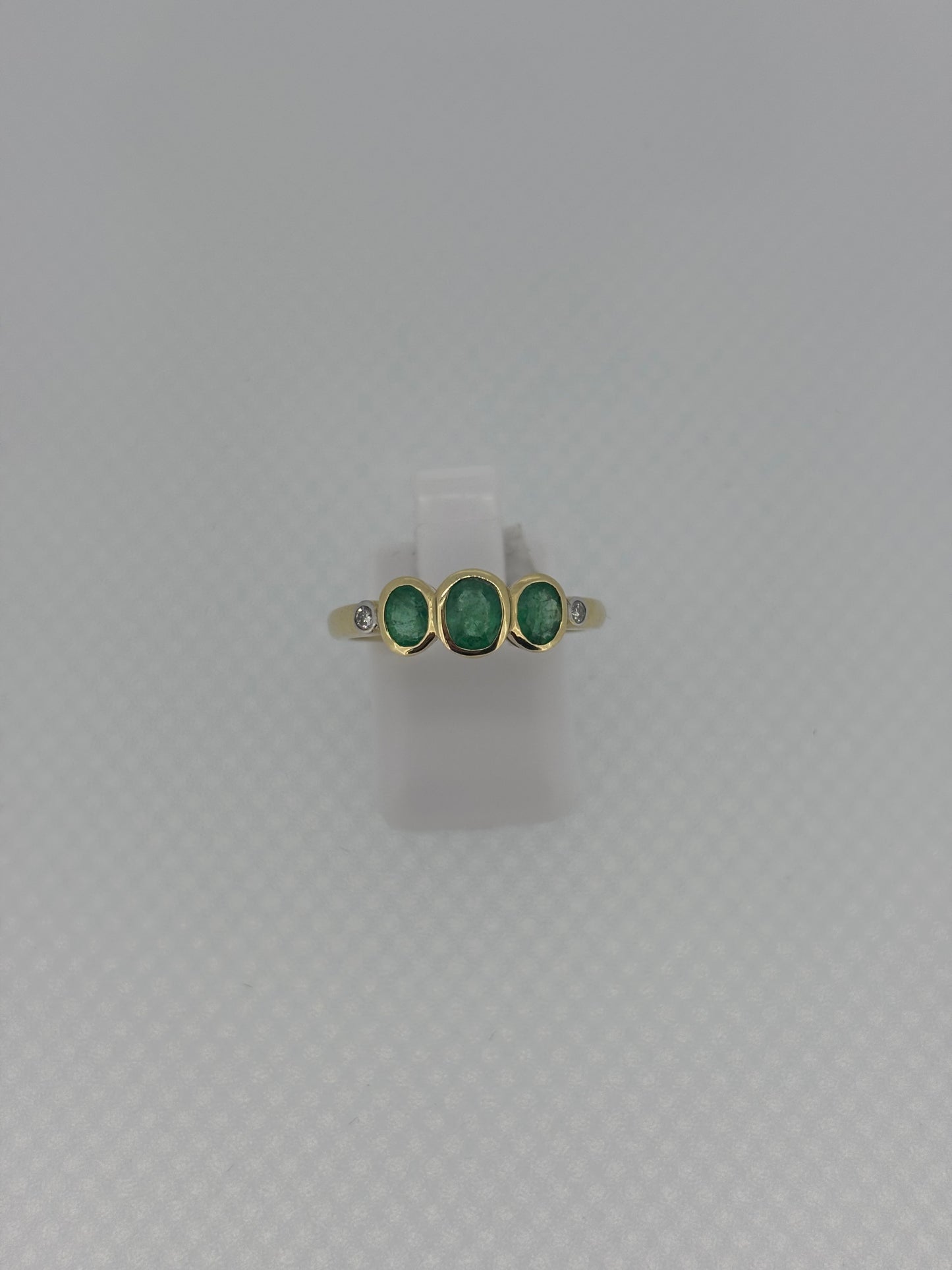 9ct Yellow Gold Three Stone Oval Emerald & Diamond Ring