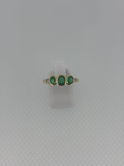 9ct Yellow Gold Three Stone Oval Emerald & Diamond Ring