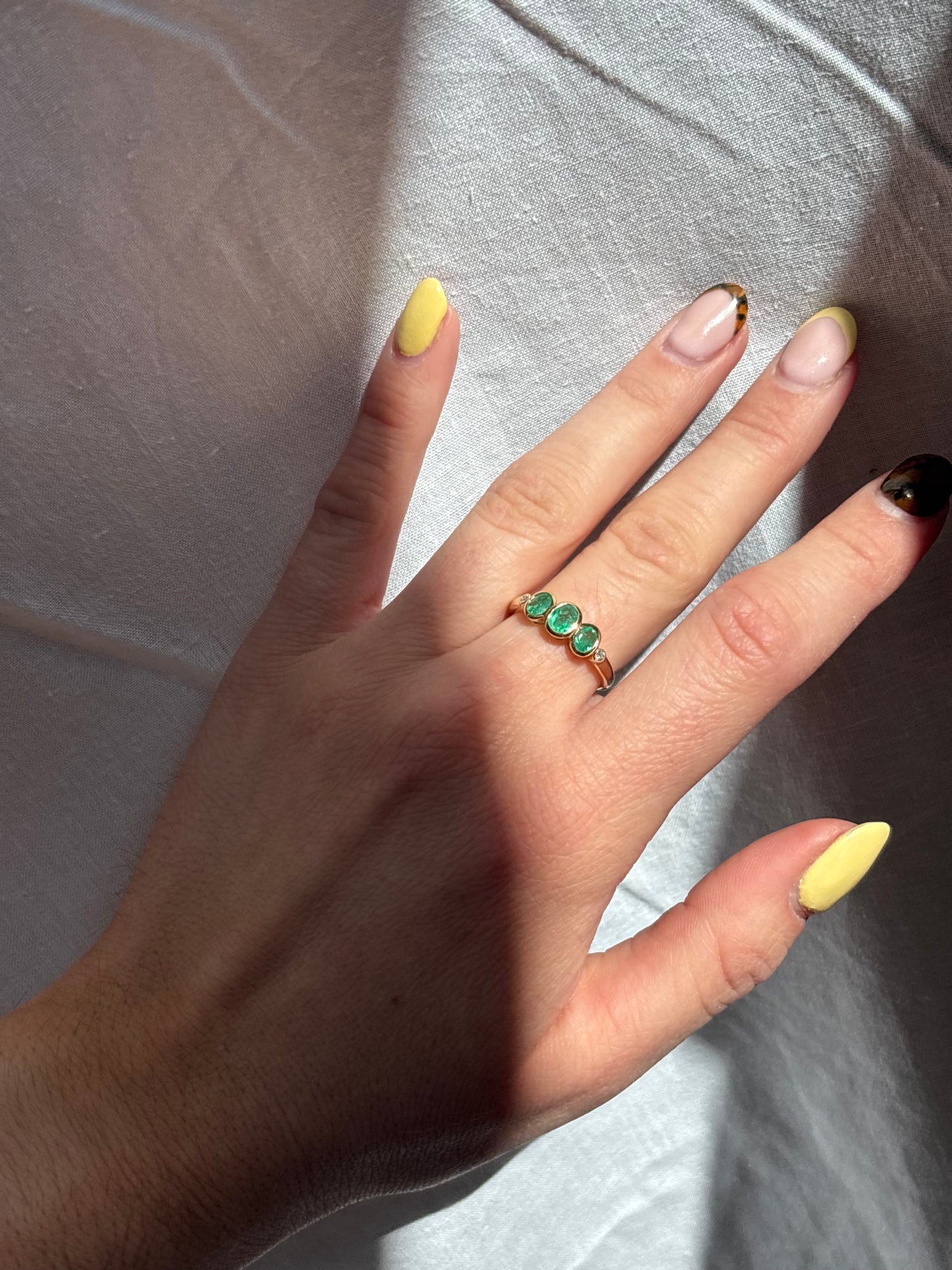 9ct Yellow Gold Three Stone Oval Emerald & Diamond Ring