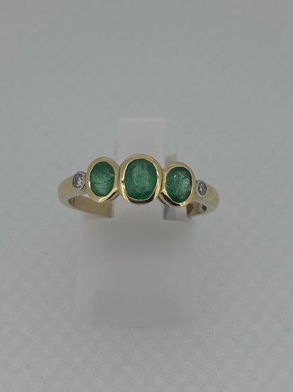 9ct Yellow Gold Three Stone Oval Emerald & Diamond Ring
