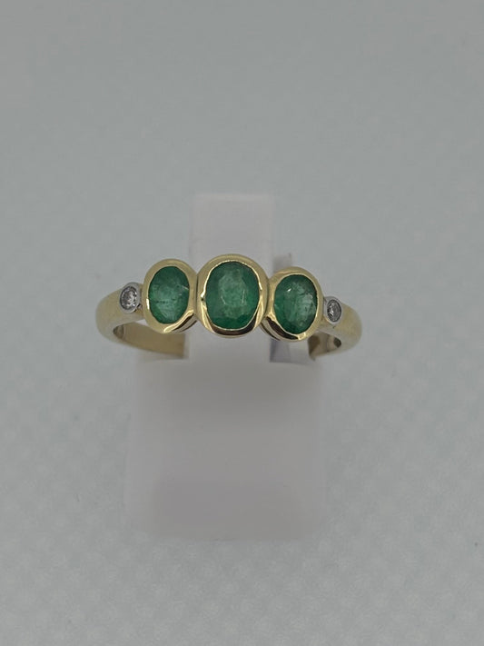 9ct Yellow Gold Three Stone Oval Emerald & Diamond Ring