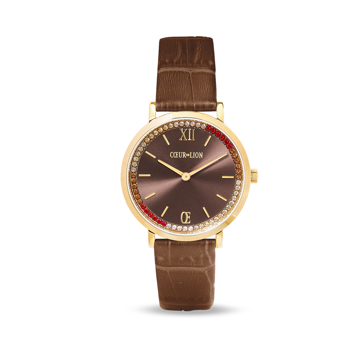 Watch Round Sparkling Sunray Bracelet Leather Brown Gold