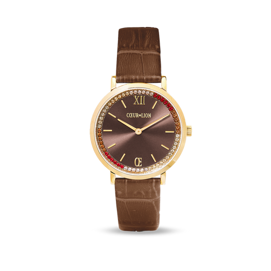Watch Round Sparkling Sunray Bracelet Leather Brown Gold