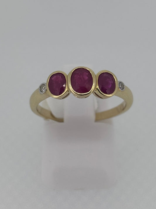 9ct Yellow Gold Three Stone Oval Ruby & Diamond Ring