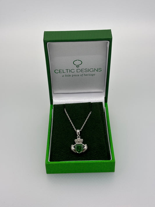 Sterling Silver Claddagh pendant with green heart stone