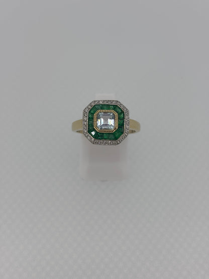 9ct Yellow Gold Blue Topaz / Emerald & Diamond Halo Ring