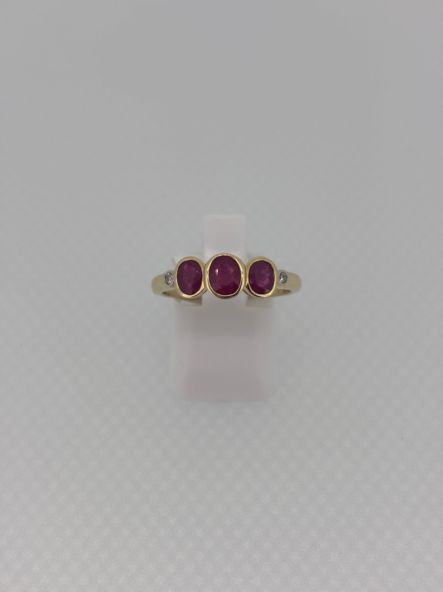 9ct Yellow Gold Three Stone Oval Ruby & Diamond Ring