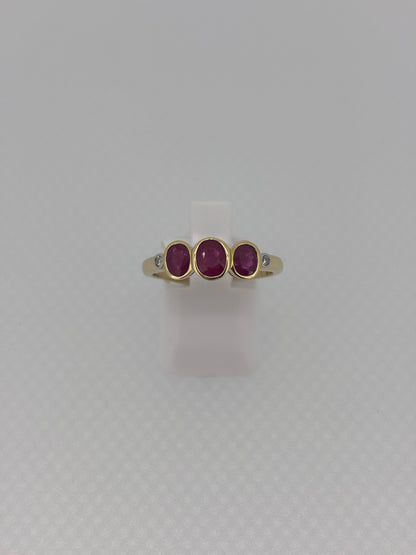 9ct Yellow Gold Three Stone Oval Ruby & Diamond Ring