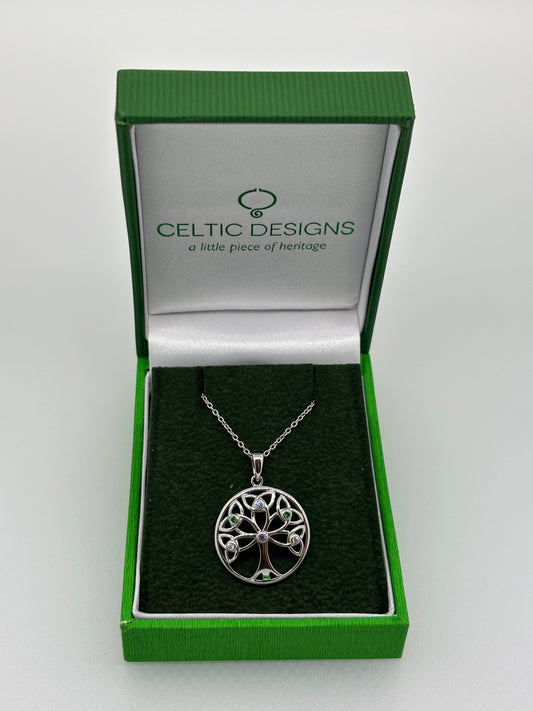 Sterling Silver circular Tree of Life pendant with coloured stones
