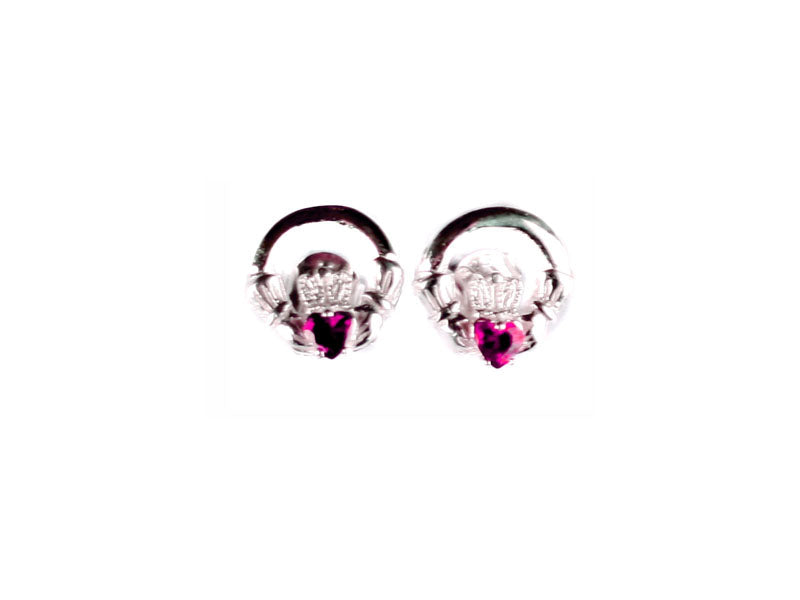 Large Silver Claddagh Ruby Cz Earrings (July Birsthone)