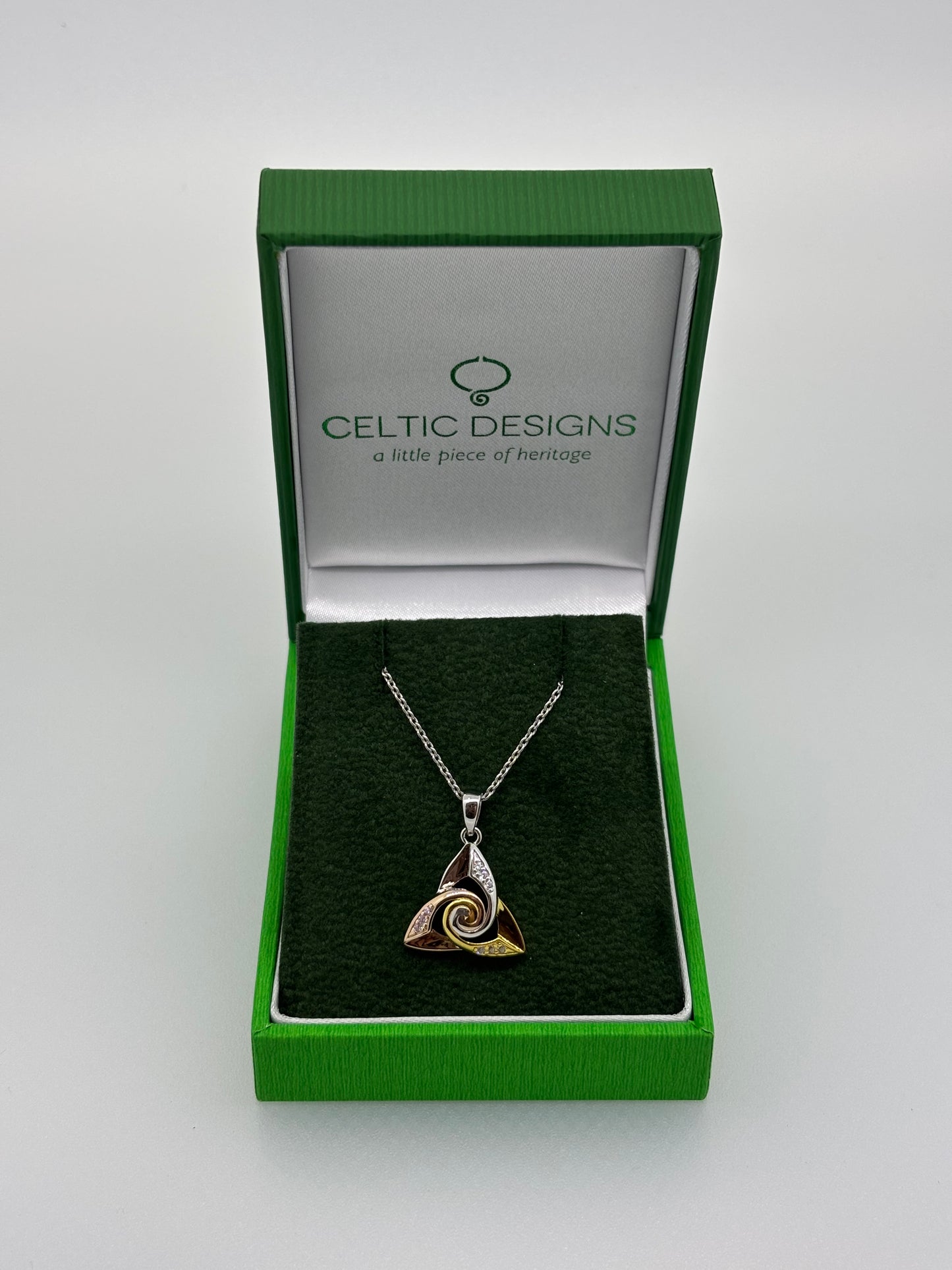 Sterling Silver 3 coloured Trinity Knot pendant with spiral centre