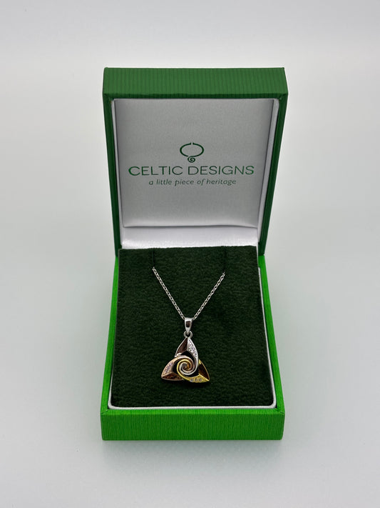Sterling Silver 3 coloured Trinity Knot pendant with spiral centre