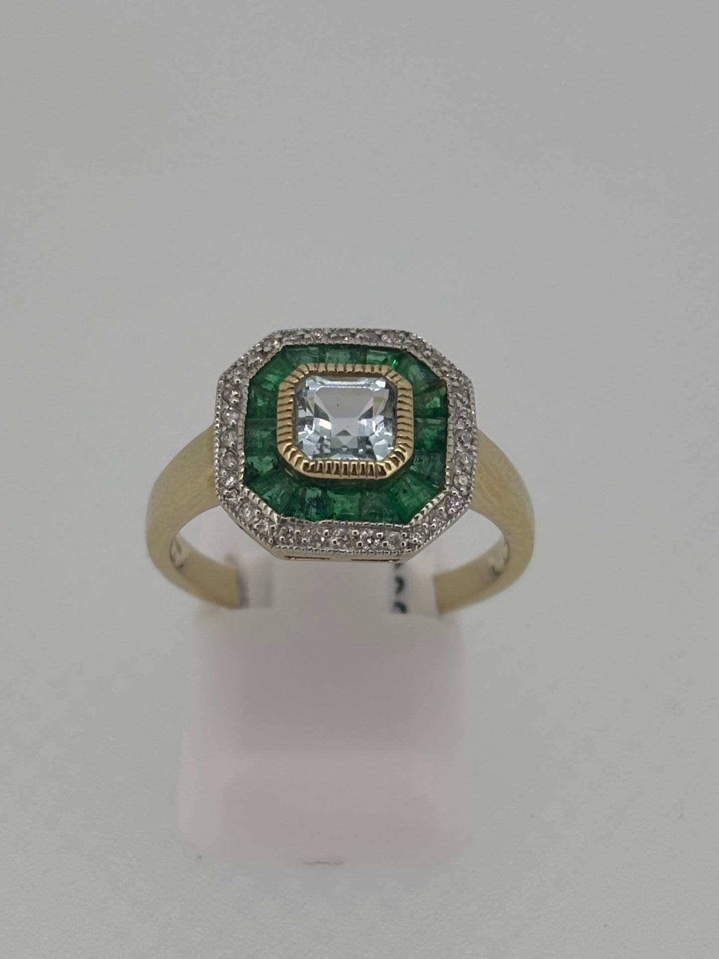 9ct Yellow Gold Blue Topaz / Emerald & Diamond Halo Ring