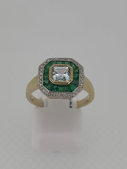 9ct Yellow Gold Blue Topaz / Emerald & Diamond Halo Ring
