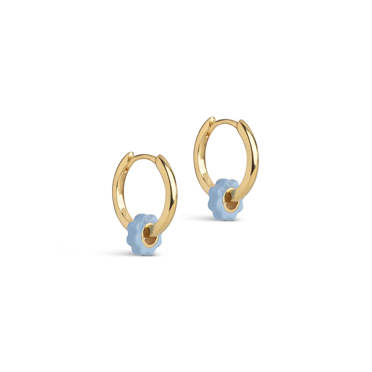 Gold Hoops with Steel Blue Flower