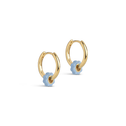 Gold Hoops with Steel Blue Flower