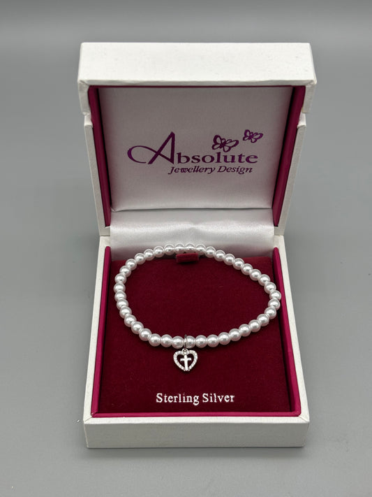Children's Silver pearl bracelet with heart/cross charm