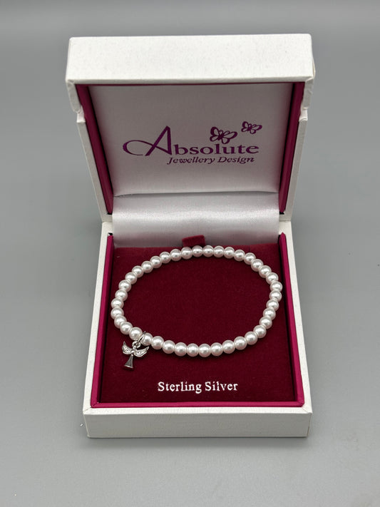 Children's Silver pearl bracelet with angel charm