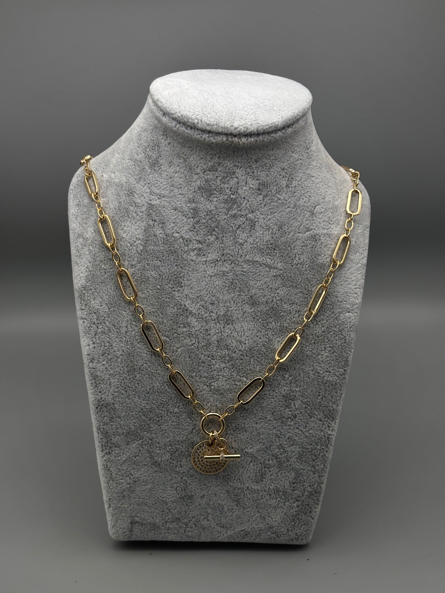 Solute gold link necklace T-bad style / cz pendant