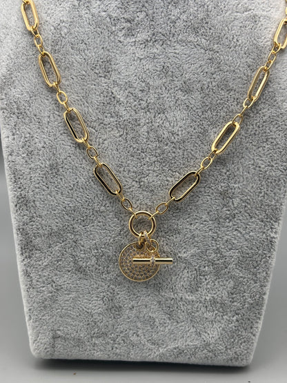 Solute gold link necklace T-bad style / cz pendant