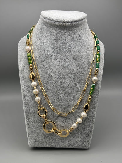 Absolute 2-tier gold/pearl necklace with green malachite