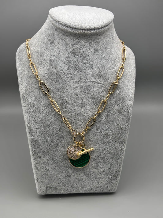 Absolute gold link necklace with T-bar / cz/ green malachite charms