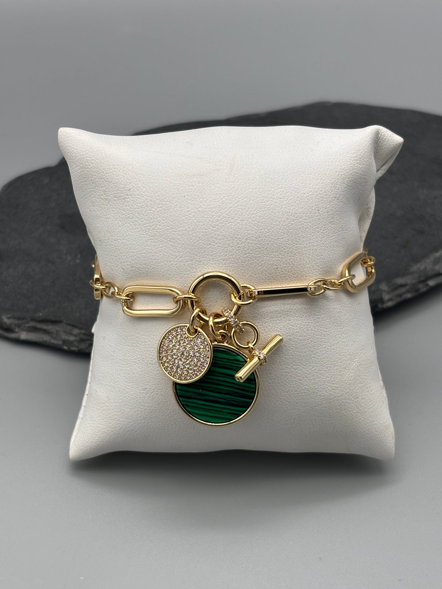 Absolute gold link bracelet cz/malachite