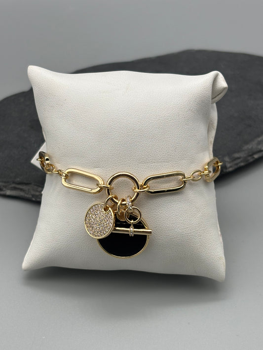 Absolute gold link/cz/jet/T-bar bracelet