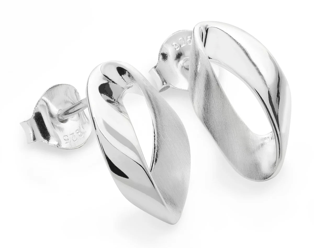 Silver Satin/Polish Oval Twist Ribbon Stud Earrings