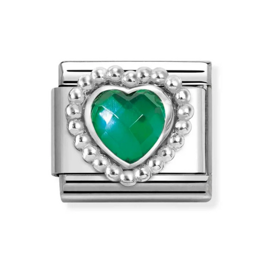 Nomimation silver charm green beaded heart stone