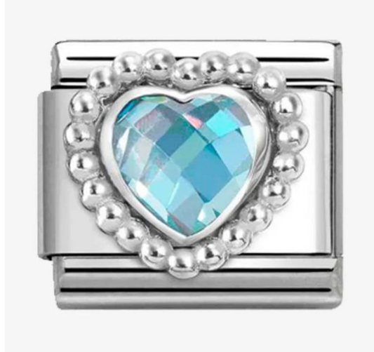Nomimation silver charm light blue beaded heart stone