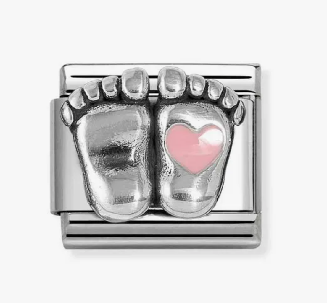 Nomination charm silver feet with pink heart