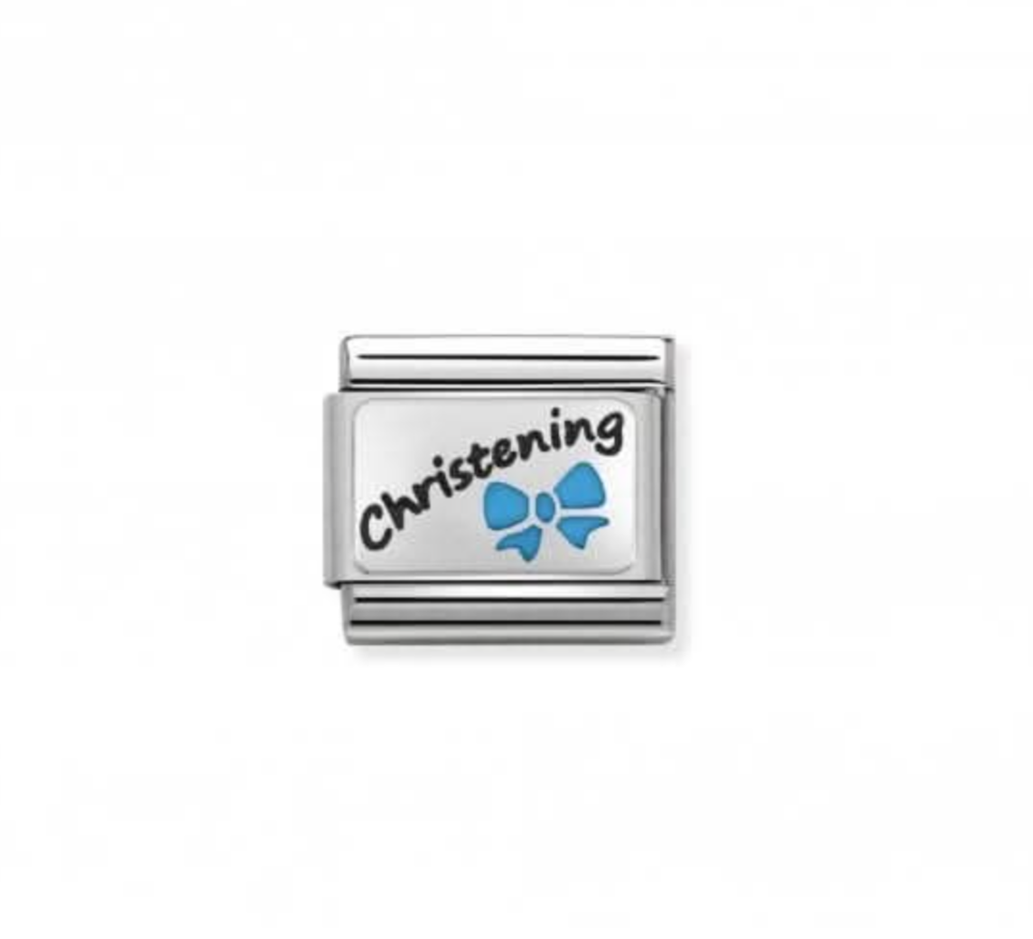 Nomimation silver charm christening blue bow