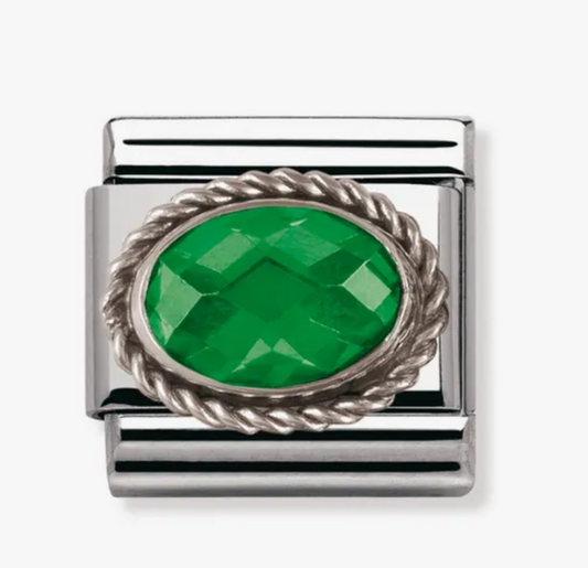 Nomimation silver oval emerald stone