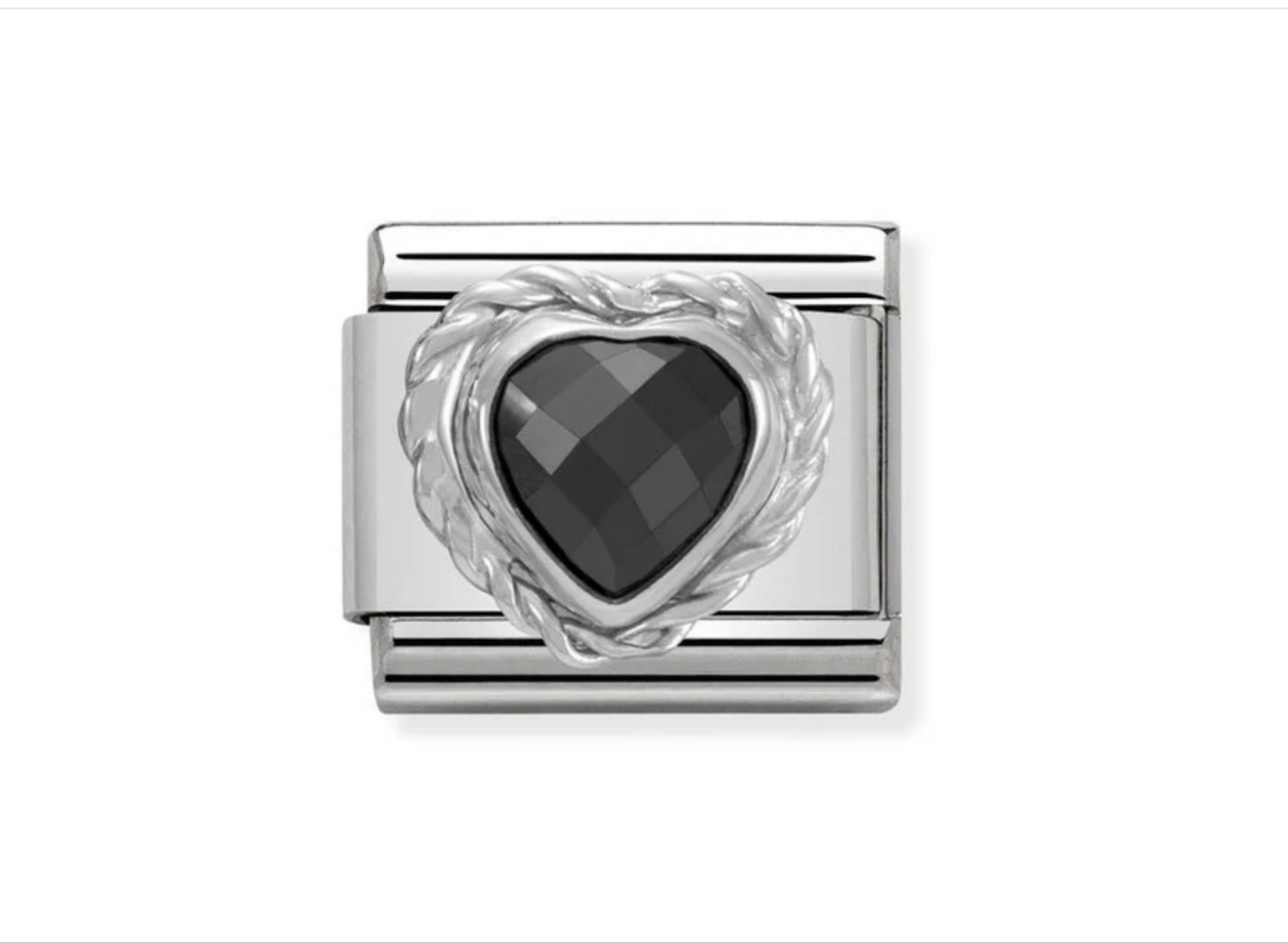 Nomimation silver charm black twisted heart stone