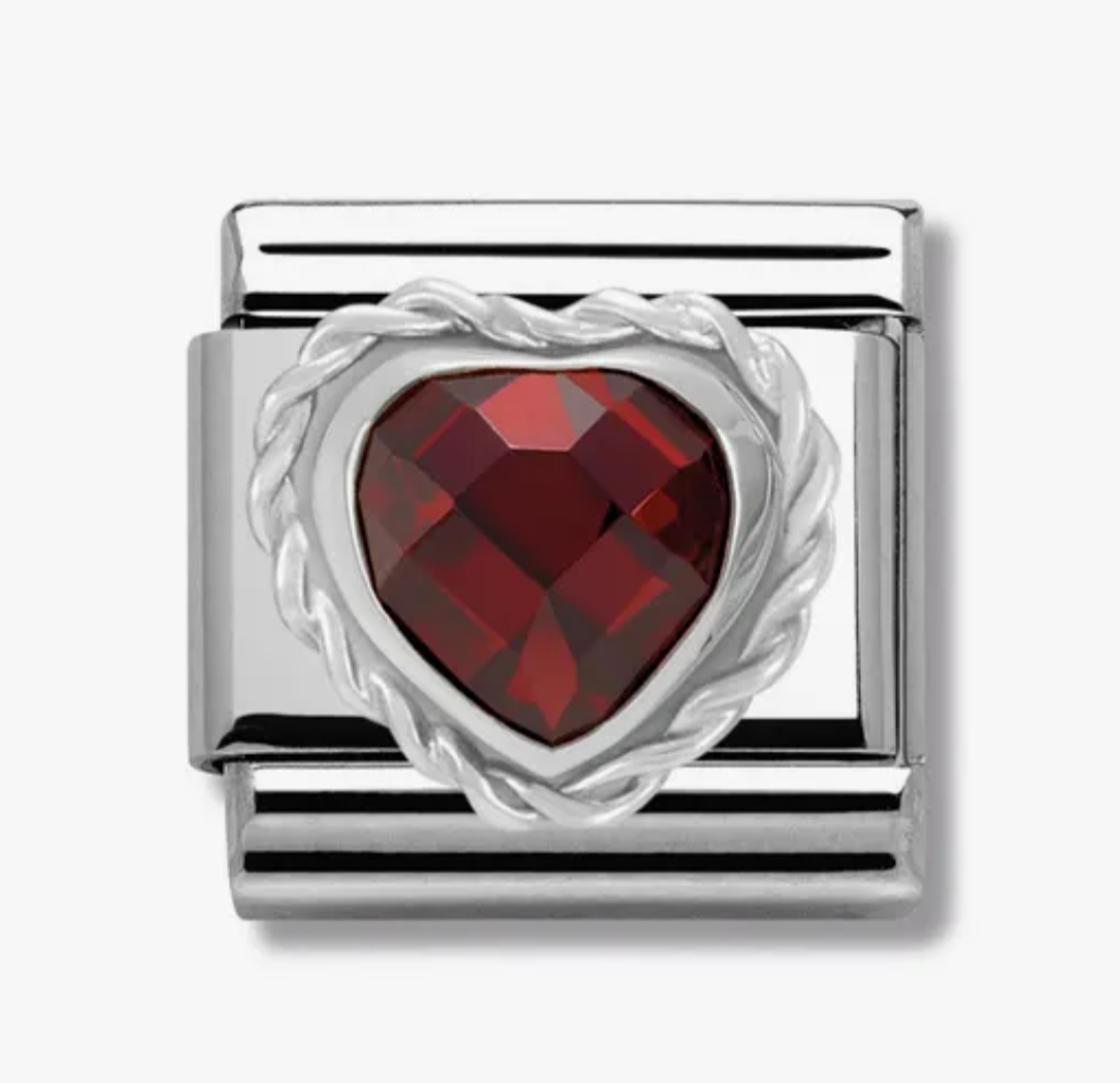 Nomimation silver charm garnet / red heart stone twisted