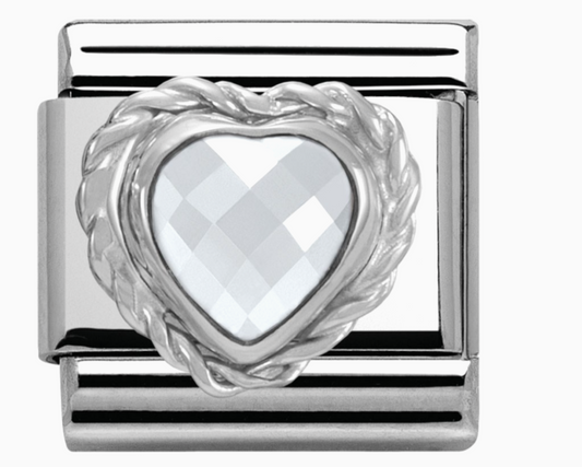 Nomimation silver charm clear crystal twisted heart stone