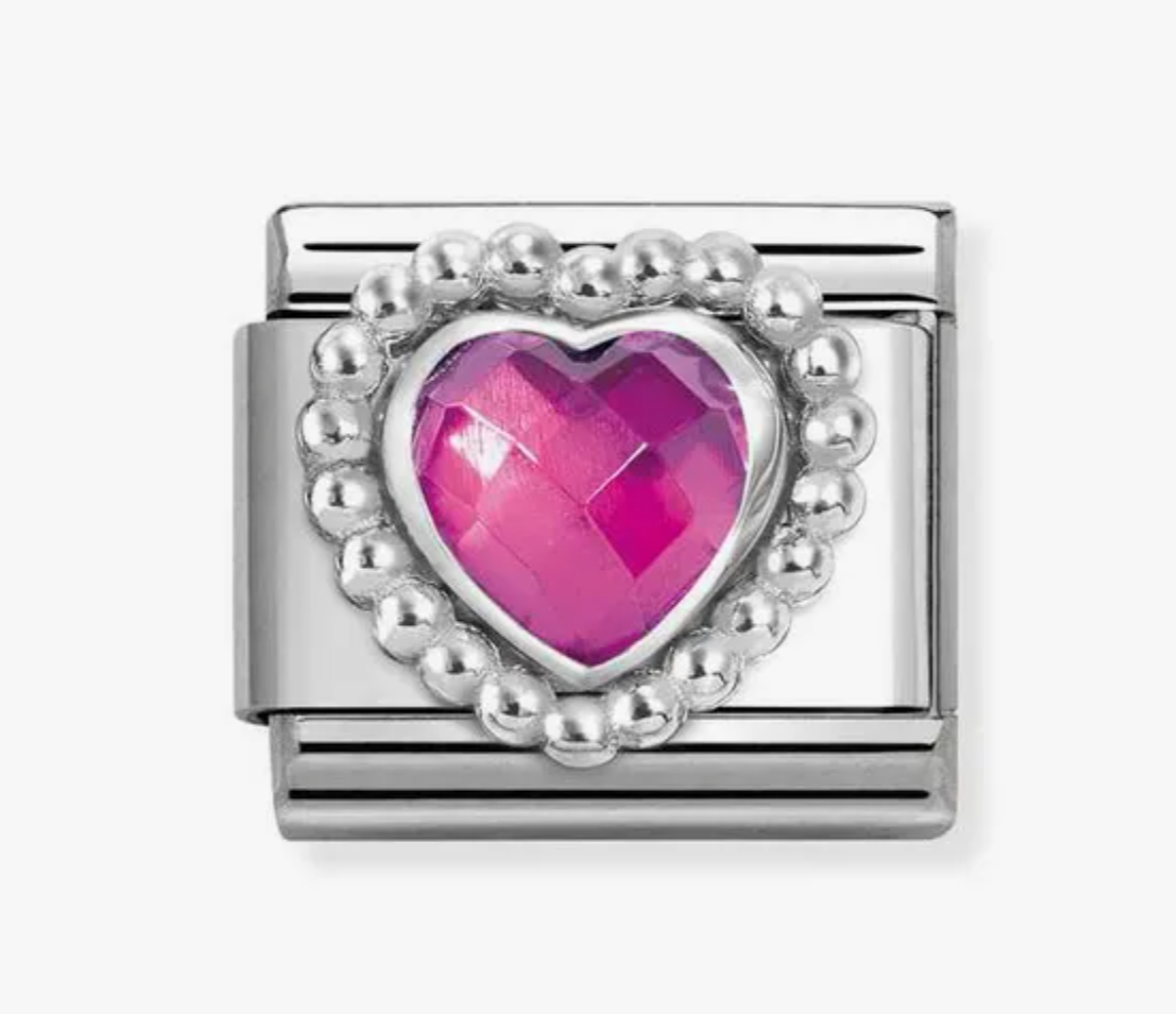 Nomimation silver charm pink beaded heart stone