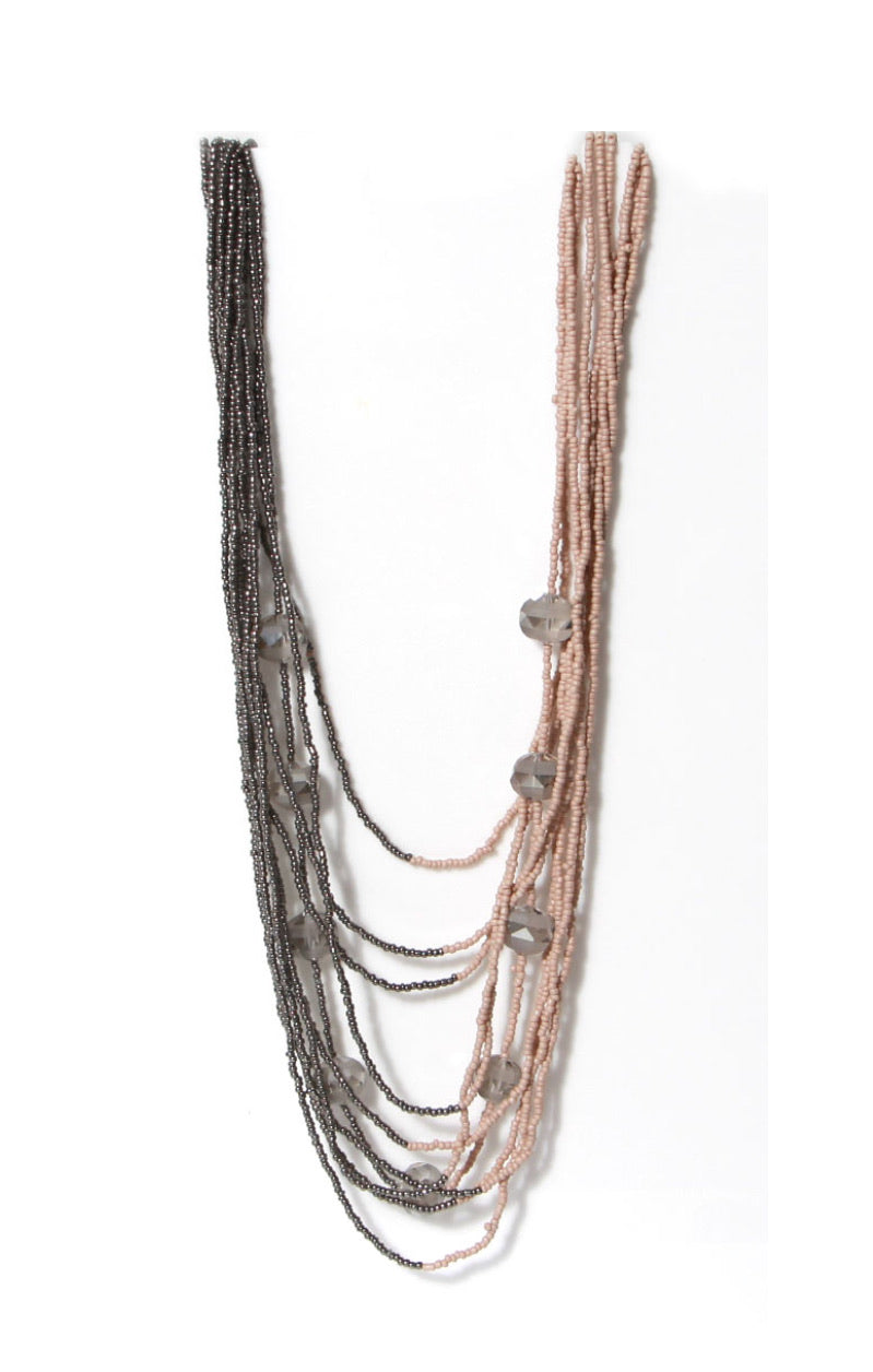 Envy Long multi-stranded pink and grey beaded necklace with large grey crystalline beaded details