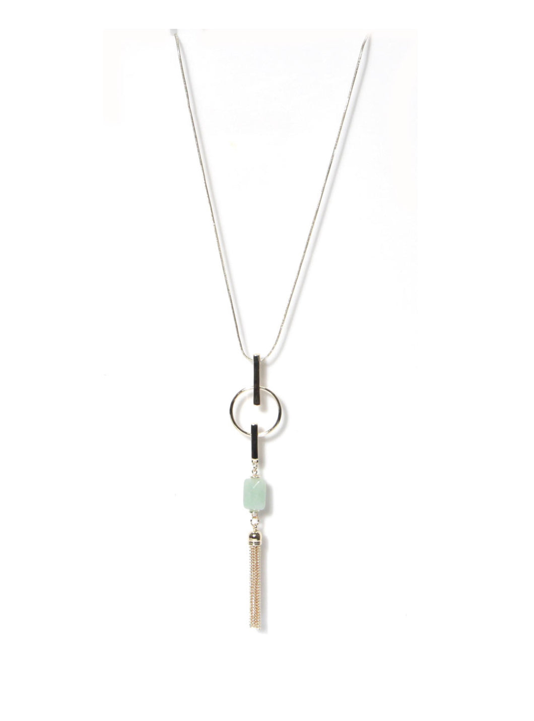 Envy Long fine chain gold necklace with long drop blue beaded pendant and metallic tassel