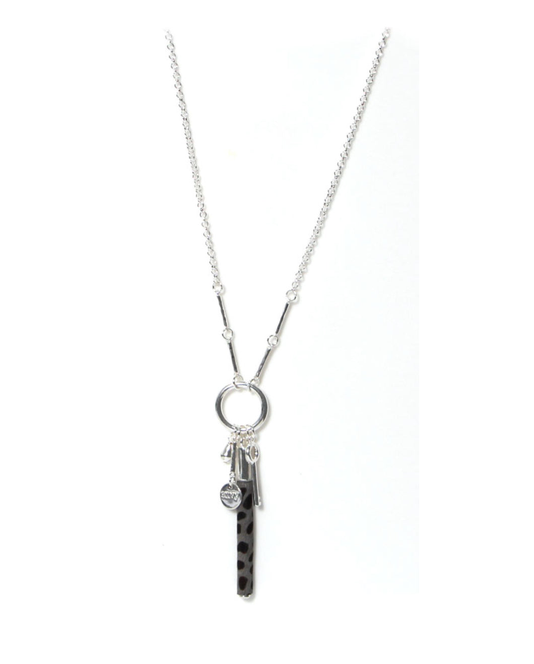 Envy Long chain silver necklace with key charm and animal print vial pendant